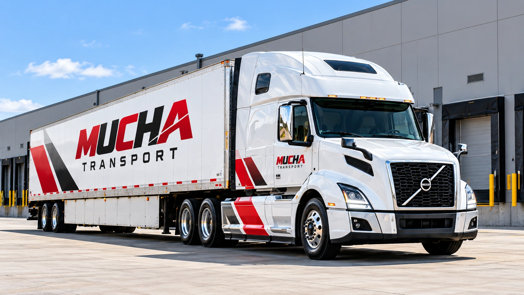 Mucha Transport branded Volvo semi truck at a warehouse