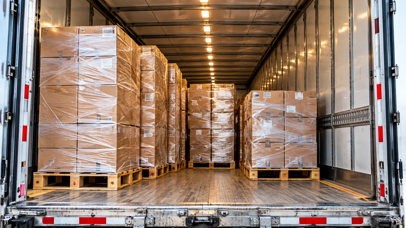 Palletized freight inside a trailer